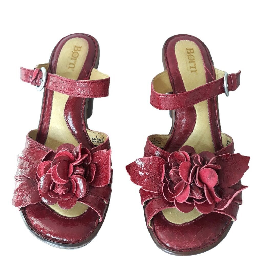 Born Red Leather 3-D Flower Heeled Platform Mule Sandals 8M Bohemian Coquette